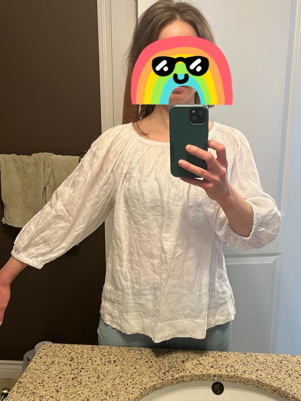 White gathered Peasant Blouse 100% linen. small, medium. Puff sleeve